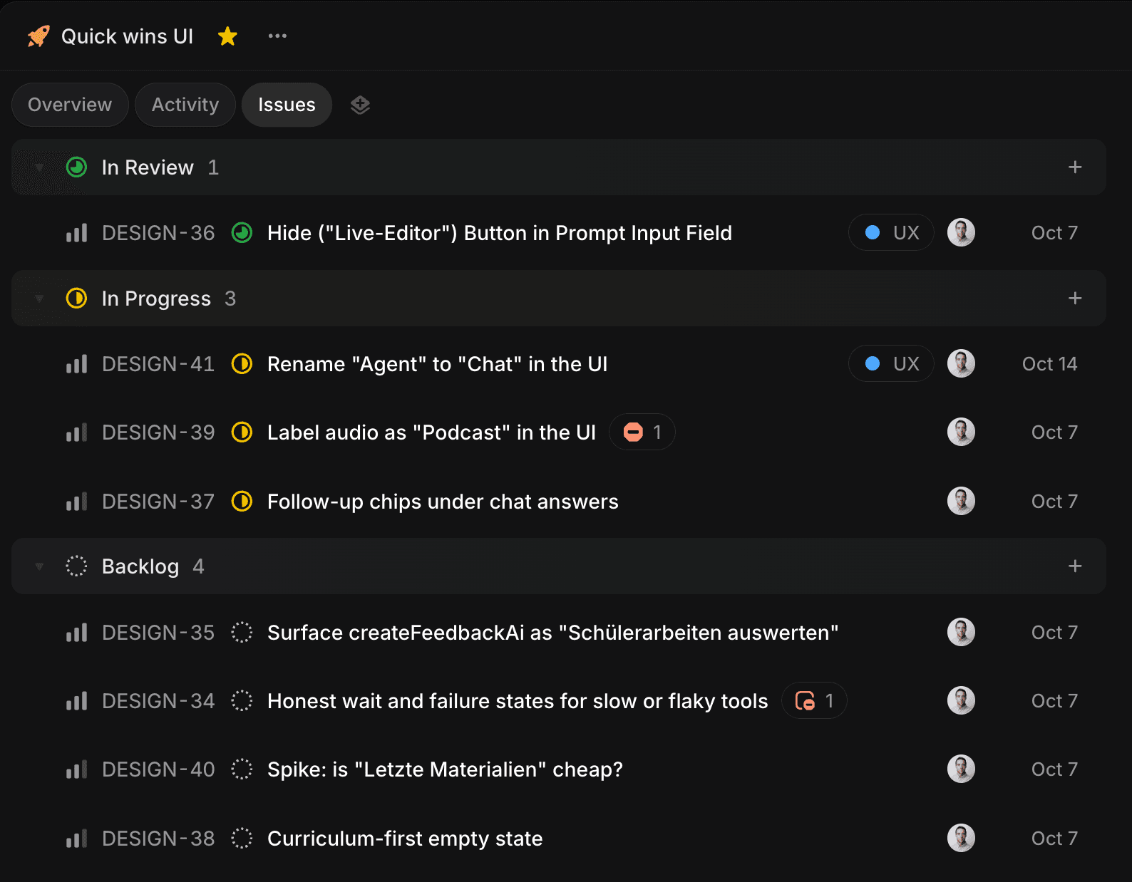 The paddy Quick wins UI issue list, including hiding the Live-Editor button and renaming Agent to Chat.
